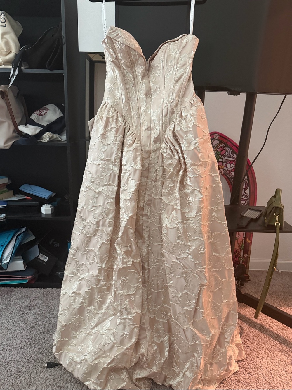 Azazie Ivory Strapless Floral Jacquard Ball Gown